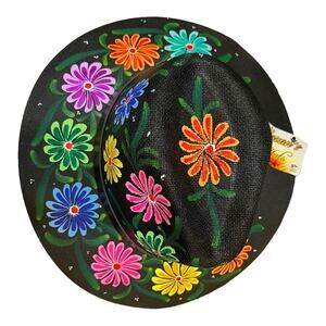 HAT MEXICAN Artisanal Hand Painted Fedora Floral Sombrero Panama Bohemian Black